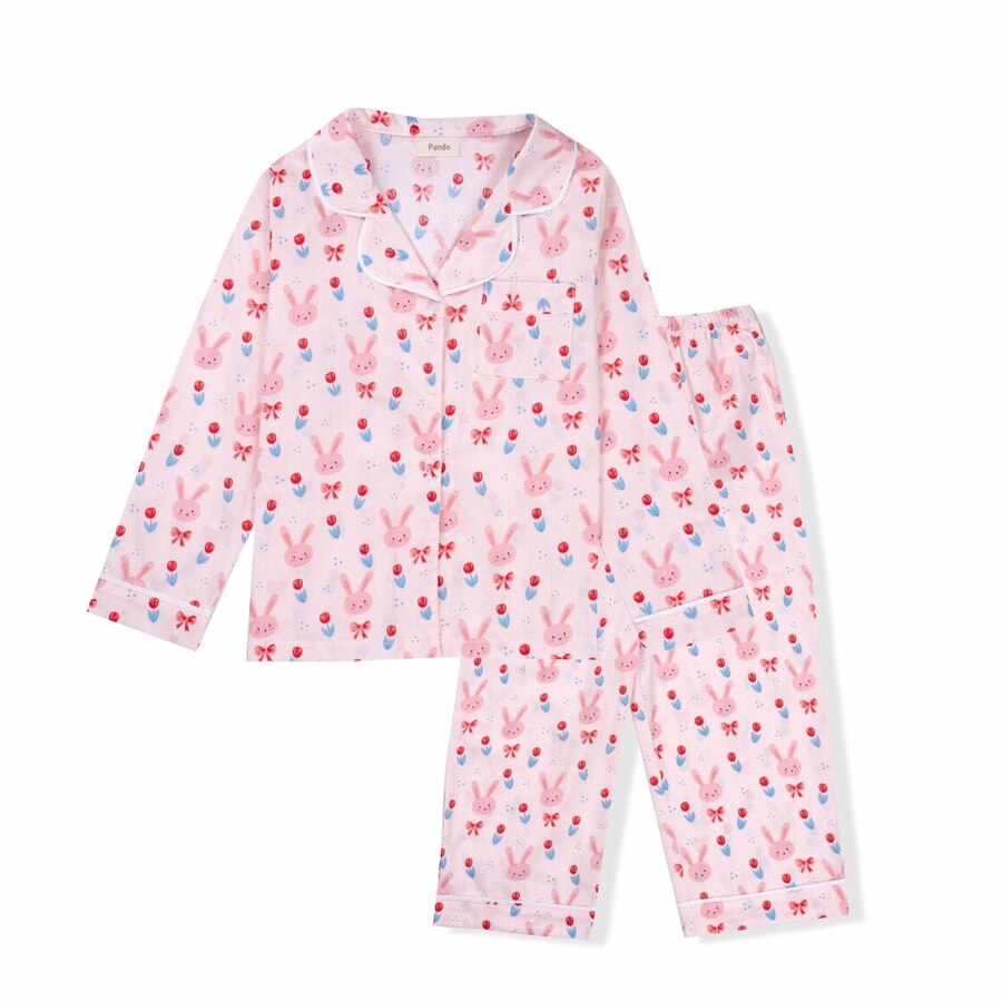 Bộ mặc nhà pyjama dài tay bé gái Pando vải cotton thô hoa
