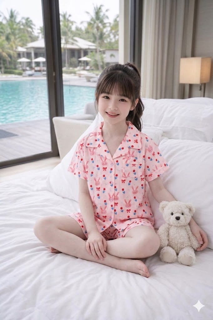 Bộ mặc nhà Pyjama bé gái màu hồng baby