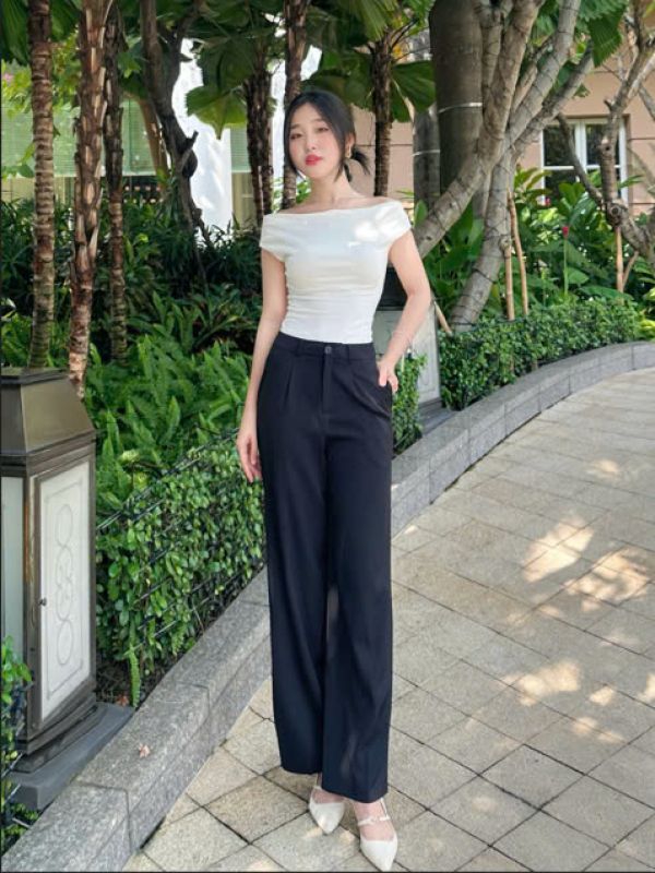 Quần ống rộng nữ cạp cao màu đen