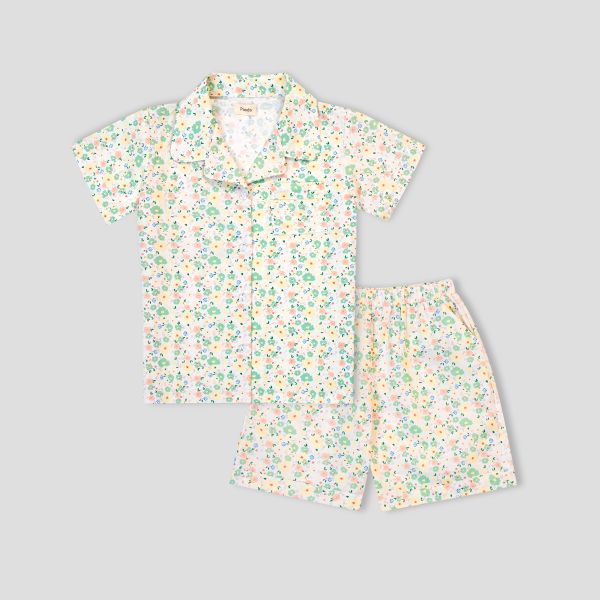 Bộ mặc nhà bé gái Pyjama cộc tay Pando hoa nhí xanh