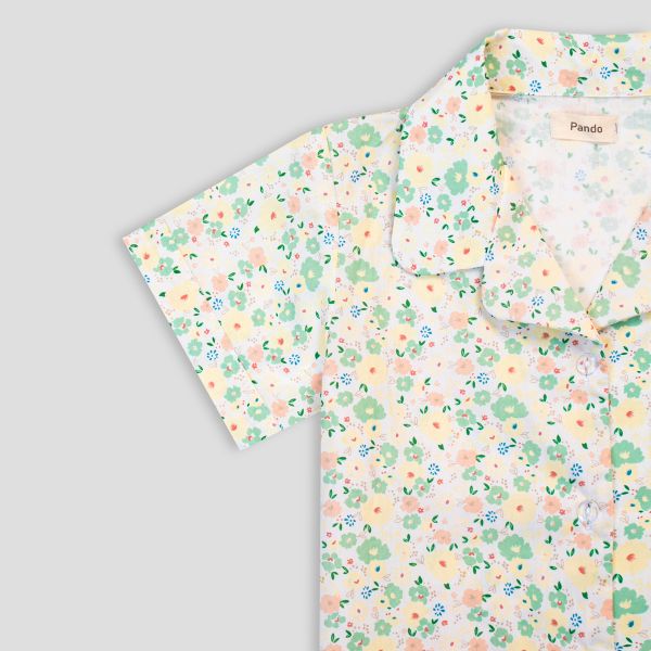 Bộ mặc nhà bé gái Pyjama cộc tay Pando hoa nhí xanh